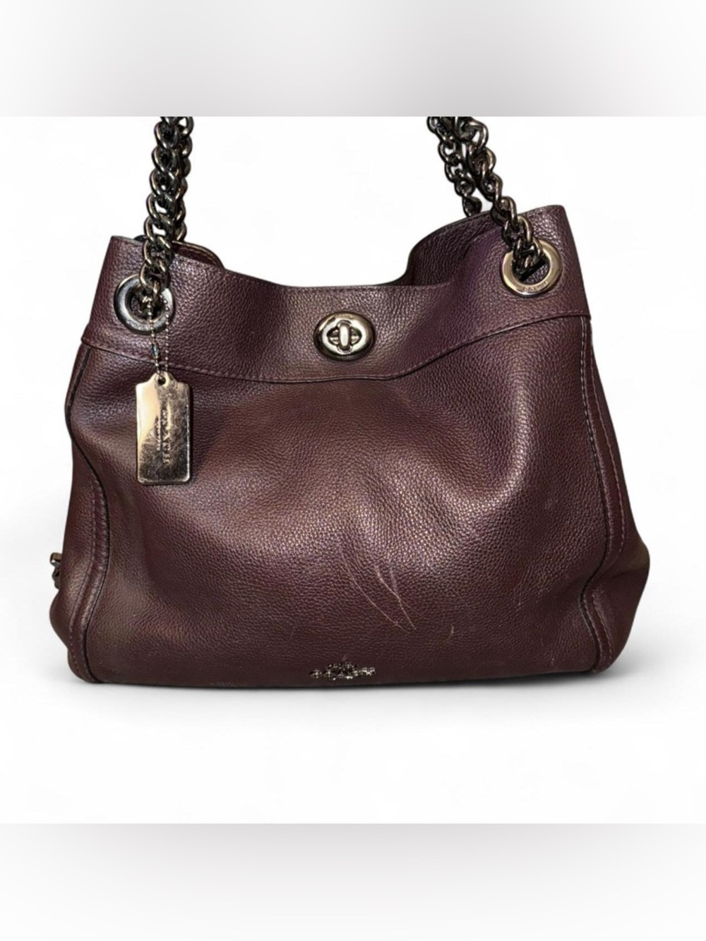 Coach Pebbled Leather Shoulder Bag in Plum with Chain Straps